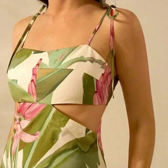 Multicolor Boho Women's Banana Tree Print Sleeveless Spaghetti Strap Dress - Picture 6 of 7